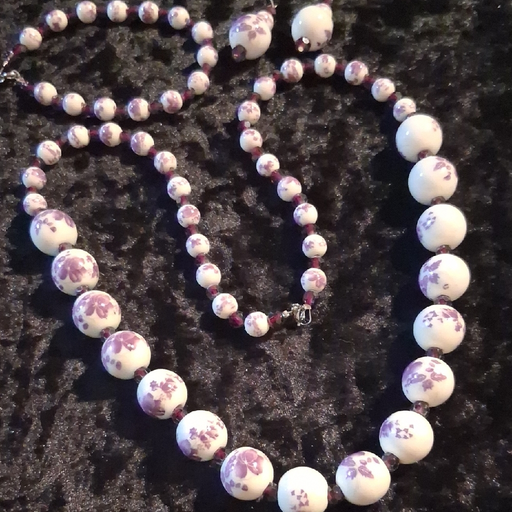 Vintage Hand Painted Porcelain Beaded Necklace, Bracelet & Earrings Set